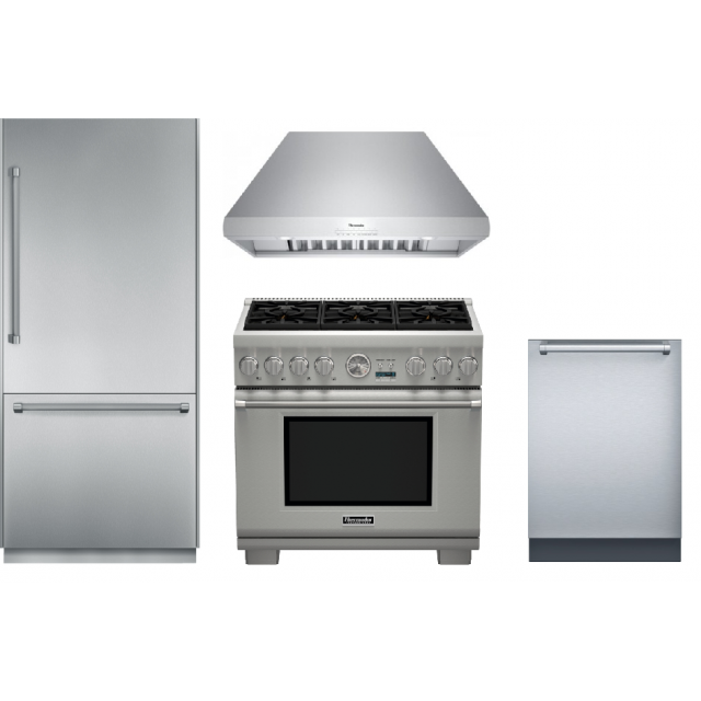 Thermador 36 in. PRG366JG Gas Range, 36 in. HPCB36NS Chimney Wall Hood, 36 in. T36BB820SS Built‑in Bottom Freezer Refrigerator, Star-Sapphire DWHD651JFP  Built-in Dishwasher